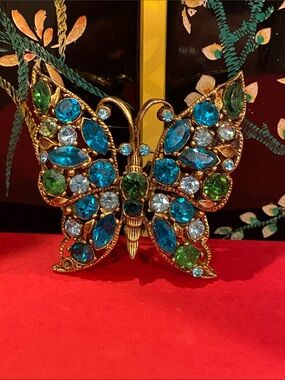 Regency Gold-Tone Butterfly Brooch with Blue & Green Crystal Rhinestones